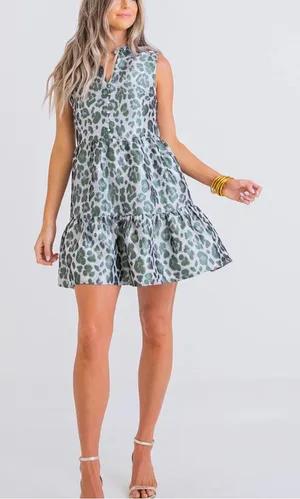 NWOT Karlie Green Leopard Tiered Tapestry Mini Dress Size Medium thumbnail 1