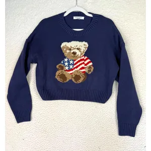 Women's Teddy Bear Flag Graphic M Sweater Red White Blue USA Americana thumbnail 1
