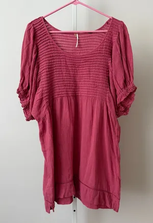 Free People M Rose Pink Dress Pintuck Smocked Puff Sleeve Boho‎ Slouchy thumbnail 1