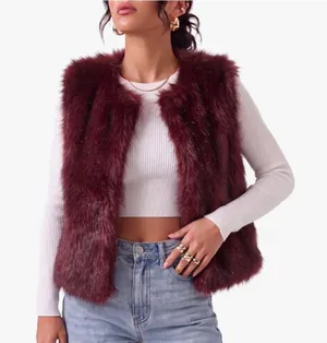 Faux Fur Vest — Women's Burgundy Cropped Fuzzy Vest Size XS thumbnail 1
