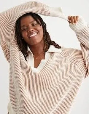 Aerie Sweater Women XS Tan Cream Striped V-Neck Collared Ribbed Oversized thumbnail 1