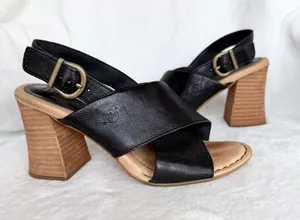 Born Black Leather Crisscross Slingback Block Heels with Tan Wood-Look Heel thumbnail 1