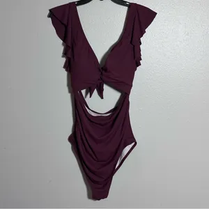 Charmo Women Maternity‎ Burgundy Ribbed Swimsuit One Piece size L thumbnail 3