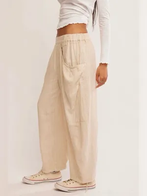 🆕 NWT Free People High Road Barrel Pants Linen Boho Wide-Leg Pockets Tan Large thumbnail 7