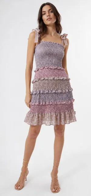 Storia Smocked Ruffle Mini Dress Bow Coquette Cottagecore Fairy S Pink Purple thumbnail 1