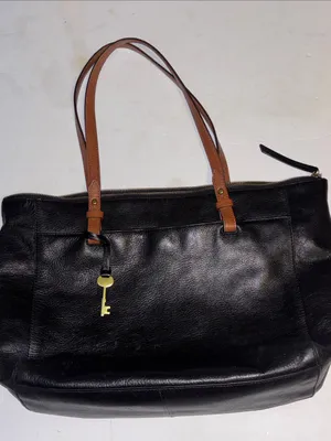Fossil…Rachel Tote Black Pebbled Leather Tote With Brown Contrasting Handles thumbnail 1
