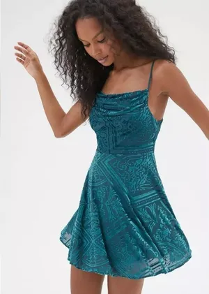 Urban Outfitters NWT 53Y UO‎ Lexi Dress Mini Teal Turquoise Velvel Burnout XS thumbnail 1