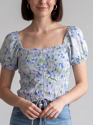 Olivaceious Smocked puff sleeve milk maid crop Blouse romantic Coquette girl thumbnail 1