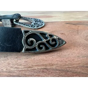 Artisan Vintage 90's black leather belt intricate antique silver buckle M 31-34 western thumbnail 4