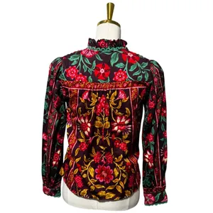 Alden Adair Oliver Top Medieval Floral Ruffle Neck Puff Sleeve Blouse XS thumbnail 4