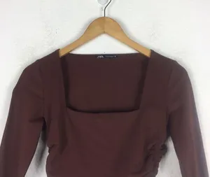 ZARA Brown Square Neck Ruched Stretch Jersey Top With Side Gathering Large thumbnail 4