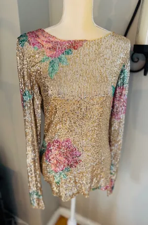 Free People Gold Rush Floral Sequin Top, Champagne/Pink,‎ Medium, NWOT thumbnail 1
