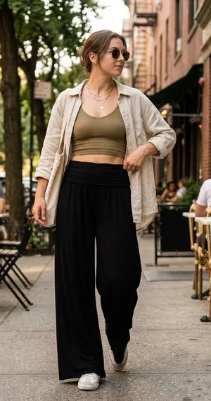 Offline x Aerie Real Me High Rise Super Wide Leg Fold Over Flowy Black Pants M thumbnail 1