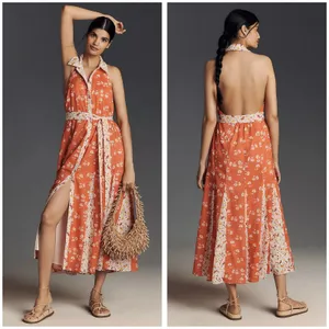 Anthropologie Maeve Halter Open-Back Godet Midi Shirt Dress Mixed Floral Boho thumbnail 2
