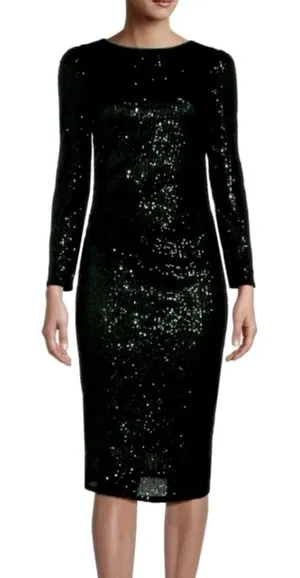 Nanette‎ Lepore Sequin Dress Womens 8 Black NEW Long Sleeve Ruched Midi Sheath thumbnail 1