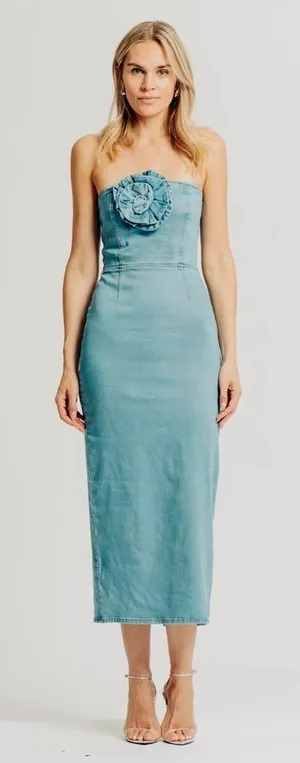 NWT Torn by Ronny Kobo Renee Strapless Denim Midi Dress‎ in Medium Blue Small thumbnail 1