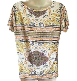 LUCKY BRAND Boho Brown & Cream Bohemian T-Shirt Top ~ Women's Size SMALL thumbnail 3