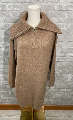 All in Favor Camel Brown Mini Sweater Dress with Zip Collar thumbnail 1