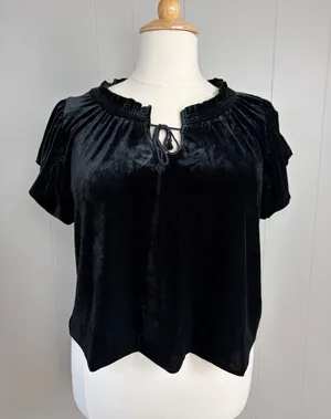 Free People Black Velvet Puff Sleeve Top XL Romantic Goth Boho thumbnail 1
