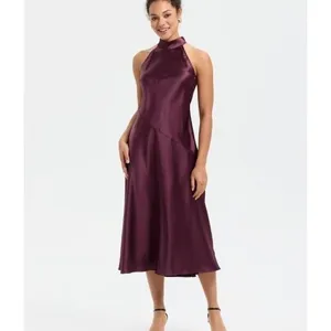 A New Day Red wine colored Satin Halter Backless Midi Slip Dress Size S thumbnail 3