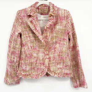 Forever 21 Womens Pink Y2K Tweed Frayed Raw Edge Preppy Academia Blazer Jacket L thumbnail 1