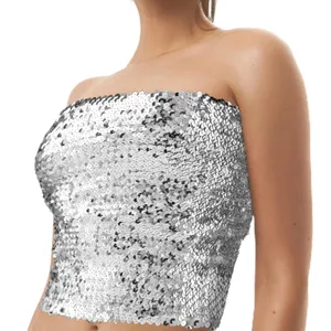 Urban Outfitters Silver sequin strapless shimmer y2k cropped metallic bandeau top thumbnail 3