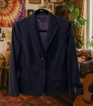 Lands’ End Navy Blue Wool Blend Blazer Jacket Size 4P Purple Lining Career Chic Boho Eclectic thumbnail 1