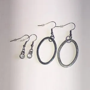 Dark Metal Oval Drop Earrings Set with Crystal Accent Drop Earrings thumbnail 2