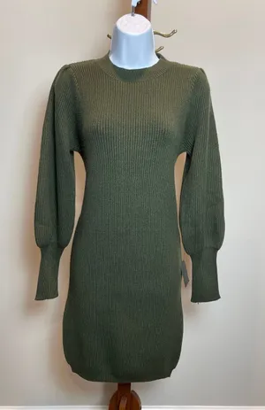 Lulus Sweater Dress Size M Olive Green Ribbed Knit Balloon Sleeve Crew Neck NWT thumbnail 1