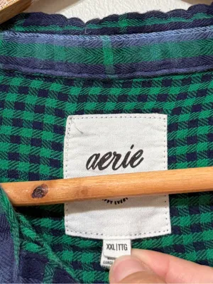 Aerie Plaid Button Up Flannel Shirt Size XXL Blue Green thumbnail 2