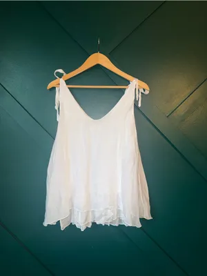 White Flowy Tie Shoulder Tank Sheer Layered Ruffle Hem Silk Blend Cottagecore thumbnail 2