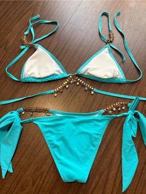 NEW Turquoise Beaded Charms Seashell Nautical Tie Side Triangle Bikini Set NWOT thumbnail 3