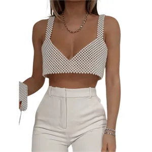 Pearl Chain Beaded Women's White V Neck Sleeveless Cami Crop Top Size S / M thumbnail 5