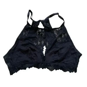Jenny Jen Black Embroidered Floral Lace RACERBACK PADDED BRALETTE Spandex SZ L thumbnail 3