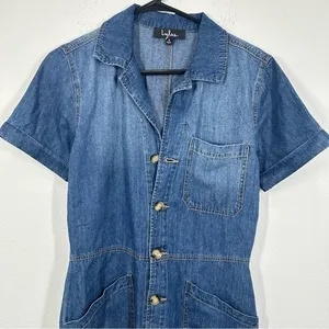 Lulu's Size Small Denim Chambray Dark Wash‎ Short Sleeve Romper Jumpsuit Casual thumbnail 2