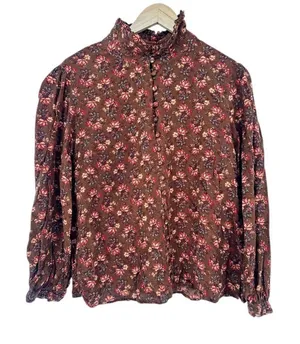 April Cornell Top Medium Floral Brown‎ Button Retro Cottagecore Boho Peasant Brown thumbnail 1