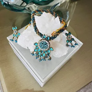 Ethnic Indian Necklace & Earrings Set – Turquoise Crystal Design thumbnail 3