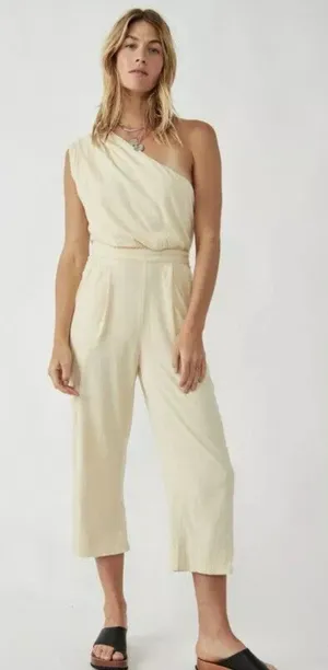 Free People Avery Jumpsuit Size 6 One Shoulder Wide Leg‎ Pocket Cream Color thumbnail 1