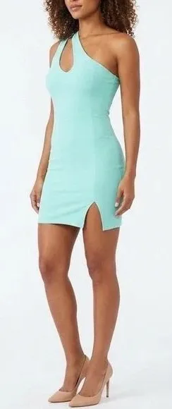 Naked Wardrobe Mint Green One Shoulder Cutout Mini Dress Size L Bodycon Slit thumbnail 1