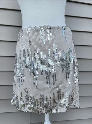 Sequined Beige Party Mini Skirt Tan Size L thumbnail 1