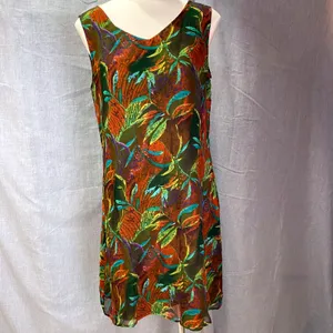 Vintage‎ Y2K Robbie Bee 100% Silk Slip Dress Abstract Olive Multi Lined Artsy M thumbnail 8