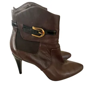 Via Spiga Chocolate Brown Leather Gold Buckle Point Toe Stiletto Boot thumbnail 1