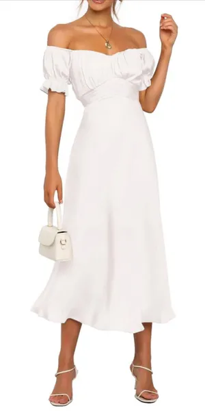 NEW Elegant Off Shoulder Short Sleeve Ruffle Mermaid Hem Belted Midi Dress S thumbnail 1