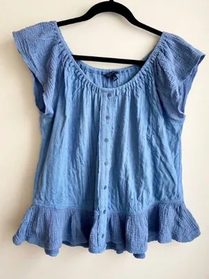 Lucky Brand Blue Button Down Ruffle Tank 100% Cotton thumbnail 1