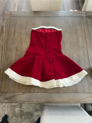 SHEIN Red Velvet Strapless Fit & Flare Dress with White Pleated Trim thumbnail 4