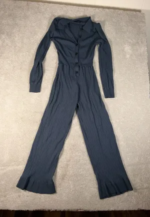 J.CREW‎ Blue Knit Collared Button-Up Long Sleeve Jumpsuit Women's Size M thumbnail 1