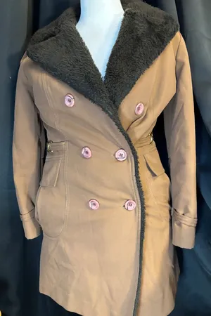 Vintage Camel Brown Double Breasted Faux Fur Collar Trench Coat Jacket Size 8 thumbnail 1