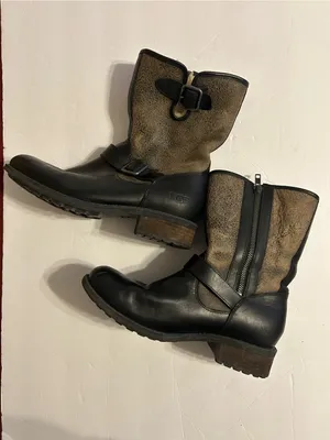 UGG Black Leather & Taupe Suede Mid-Calf Buckle Boots thumbnail 2