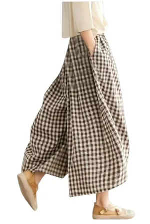 Chow Yatou Brown and Cream Gingham Check Wide Leg Cropped Pants Size XL NWT thumbnail 1