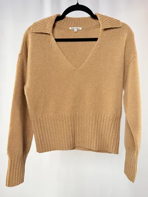 Reformation Cashmere V Neck Polo Sweater in Camel Size Small thumbnail 4